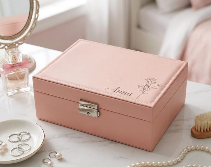 Personalized Large Jewelry Box with Lock | Double Layer Organizer, Pink Vanity Storage & Birthday Gift for Teen Girl