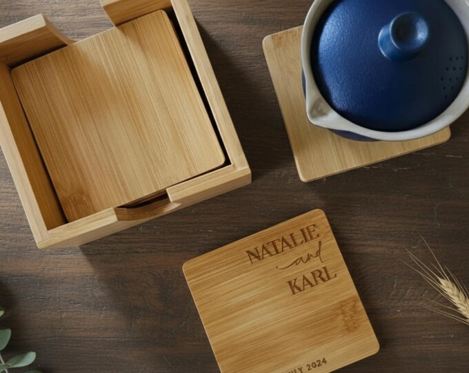 Personalized Bamboo Coasters Set, Custom-Engraved Coasters with Holder: Housewarming, Wedding, Anniversary, Hosting, Christmas, Couple Gift