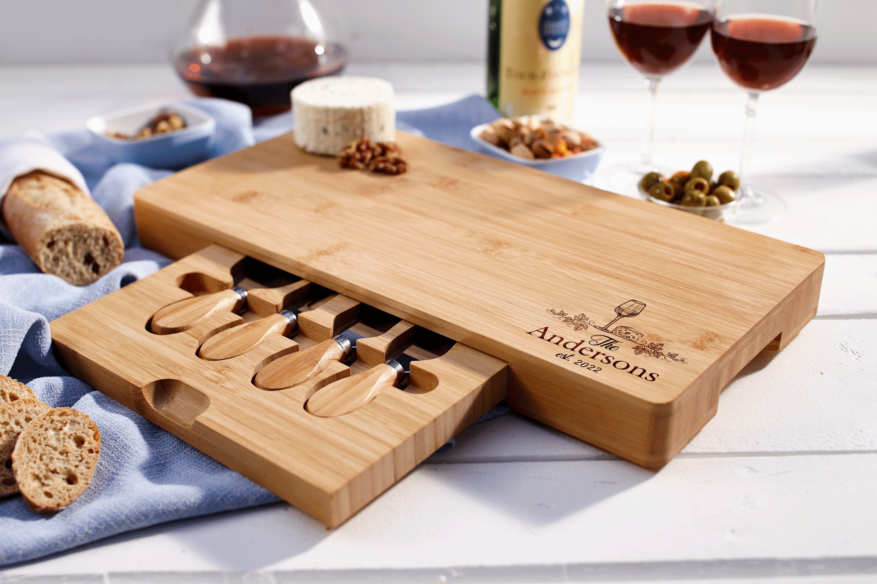 RoyalHouse Unique Bamboo Cheese Board and Knife Set - Charcuterie Boards  Set & Cheese Platter with Slide-Out Cutlery Drawer - Serving Tray for