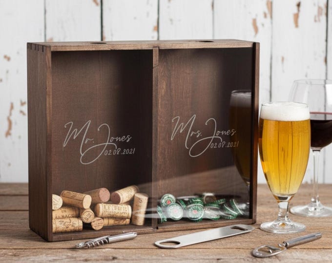 Personalized Beer Cap Holder, Rustic Wine Cork Shadow Box, Beer Cap and Wine Cork Collector, Housewarming, Anniversary, Couple Gift