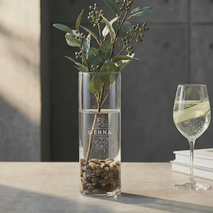 Personalized Cylinder Glass Vase, Custom Engraved Centerpiece, Floral Monogrammed Mother's Day Jar