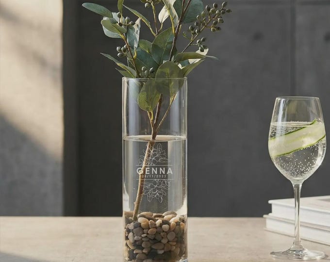 Personalized Cylinder Glass Vase, Custom Engraved Centerpiece, Floral Monogrammed Mother's Day Jar