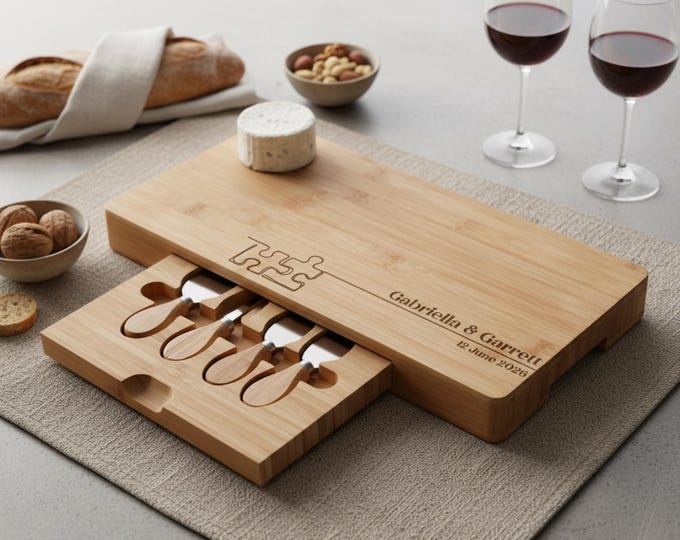 Personalized Bamboo Charcuterie Board Set – Puzzle Pieces: Custom Engraved Cheese Board, Gift for the Couple