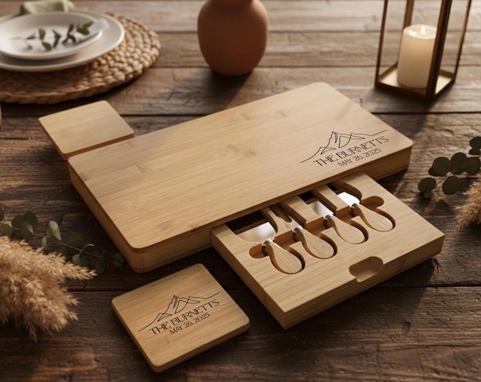 Personalized Mountain Bamboo Charcuterie Board with Cheese Knife Set