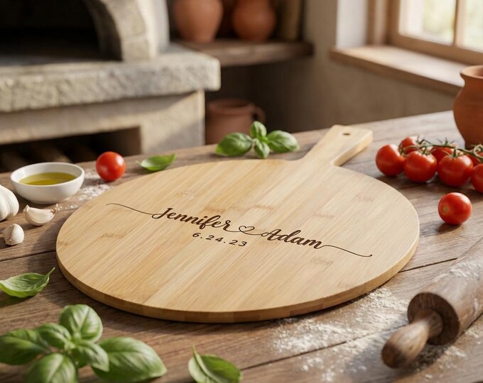 Personalized Bamboo Pizza Board, Custom Engraved with Names & Date, Wedding Engagement Housewarming Gift, Kitchen Decor