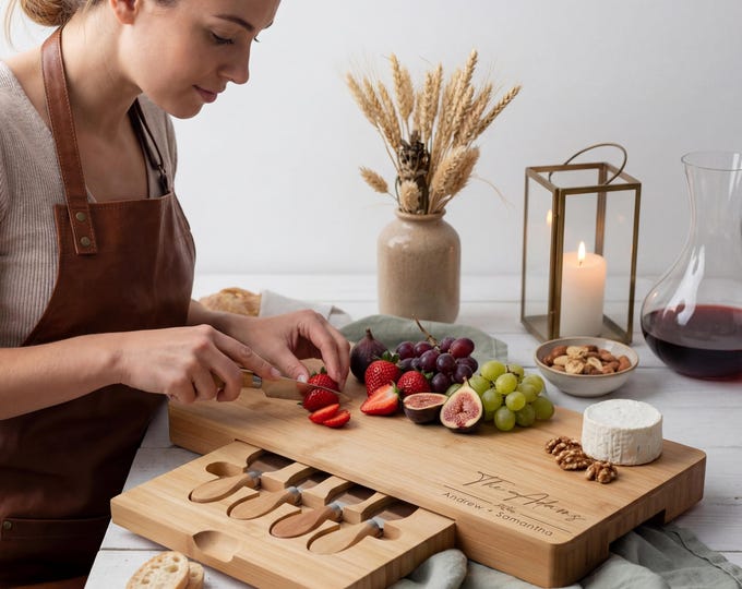 Personalized Bamboo Cheese Board Set with Drawer and Utensils - Custom Engraved Charcuterie Board - Wedding, Housewarming Gift