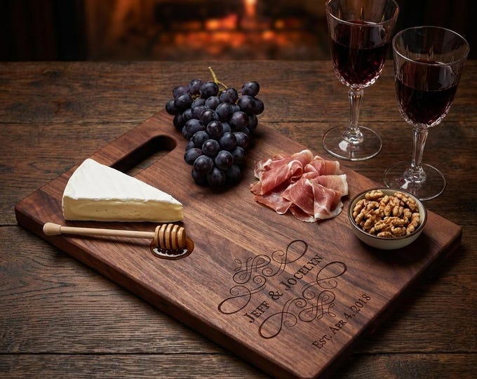 Personalized Wood Cutting Board with Handle, Custom Engraved Walnut or Cherry Charcuterie Board