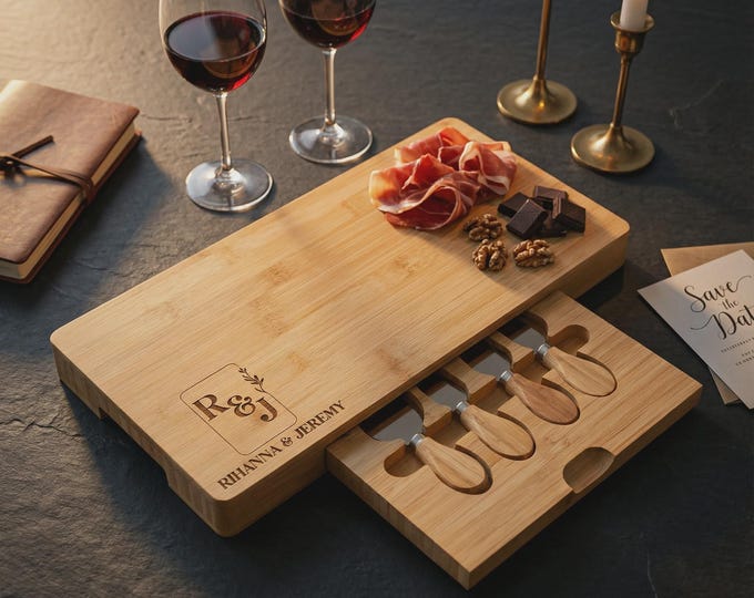 Custom Bamboo Charcuterie Set with Drawer: Hostess Gift