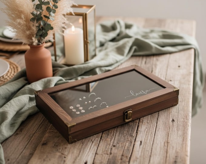 Personalized Wooden Jewelry Box: Engraved Glass-Top Organizer