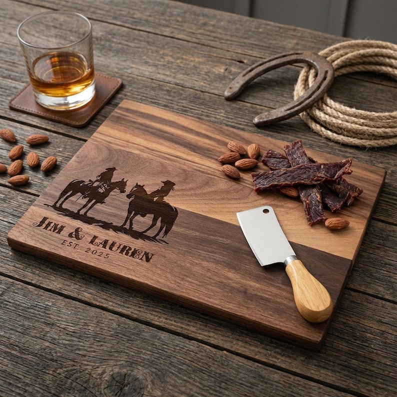 Planche à découper personnalisée - Cowboy et cow-girl avec cheval : charcuterie gravée personnalisée, décoration de cuisine occidentale, cadeau pour elle et lui image 8