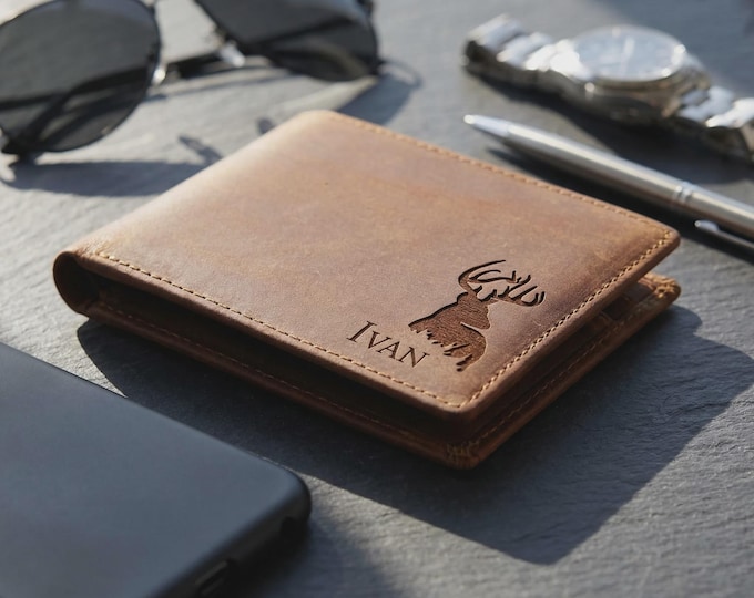 Personalized Genuine Leather Wallet for Men, Custom Engraved Crazy Horse Bifold with 6 Card Slots
