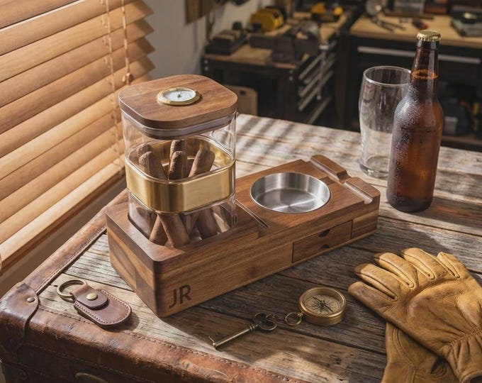 Personalized Acacia Wood Cigar Humidor Jar and Ashtray Set, Custom Engraved Smoking Station with Hygrometer - Gift For Him