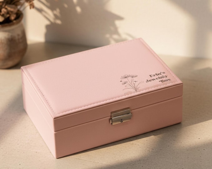Personalized Faux Leather Jewelry Box: Flower Themed, Custom Engraved Jewelry Organizer - Mother's Day, Daughter, Wife, Grandma Gift
