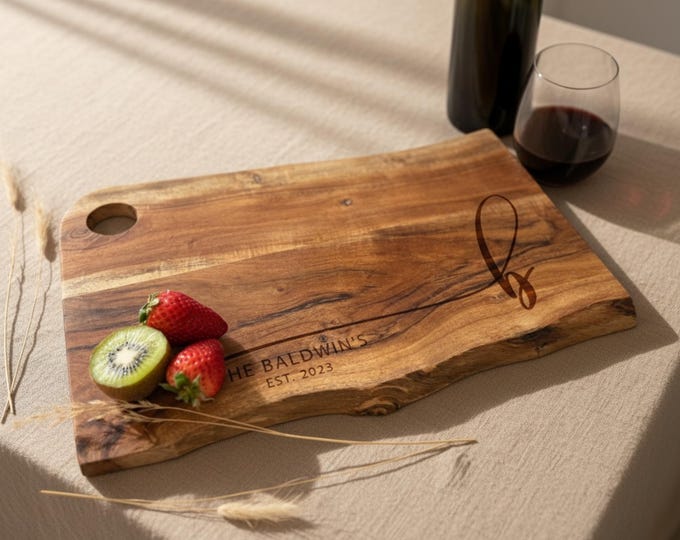 Personalized Live Edge Cutting Board: Engraved Rustic Charcuterie Board