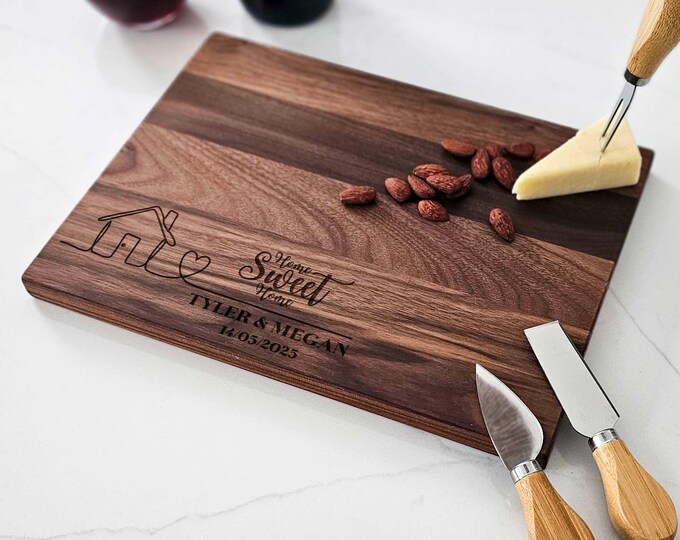 Personalized Cutting Board - Engraved "Home Sweet Home" Design with Hand-Drawn House & Heart - Housewarming, Realtor Closing, Newlywed Gift