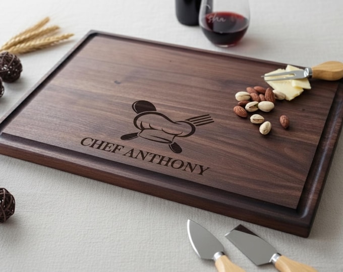 Personalized Charcuterie Board: Chef Hat Engraved Cutting Board, Walnut Cherry Acacia