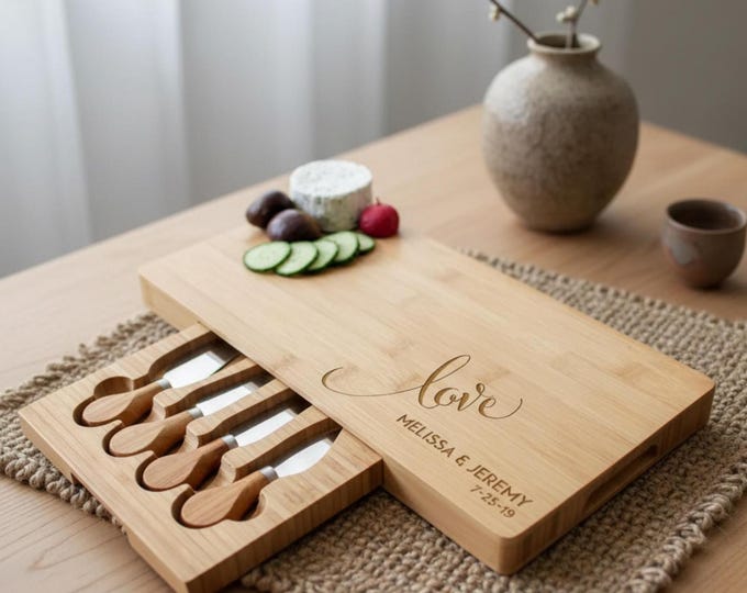 Personalized Bamboo Cheese Board Set, Custom cheese board, Engraved cutting board, Wedding gifts, Gifts for the couple, Christmas gifts
