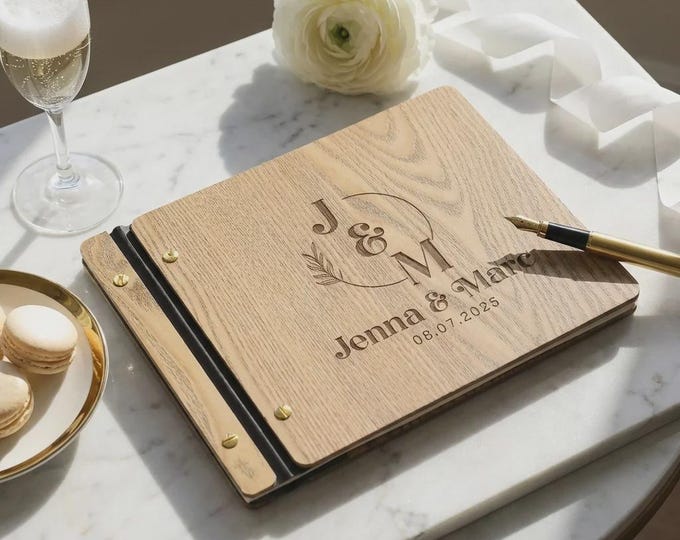 Personalized Wood Wedding Guest Book, Custom Engraved 8.5x11 Photo Album with 80 Pages