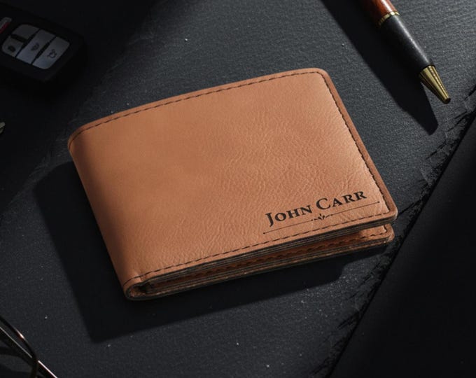 Personalized Vegan Leather Wallet for Men – Engraved Custom Wallet, Unique Christmas Gift, Father’s Day, Birthday, Groomsmen, and Graduation