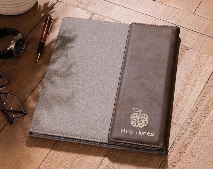 Personalized Leather Portfolio, Thank You Teacher Custom-Engraved Faux Leather Notepad Cover, Customized Padfolio: Teacher Appreciation Gift