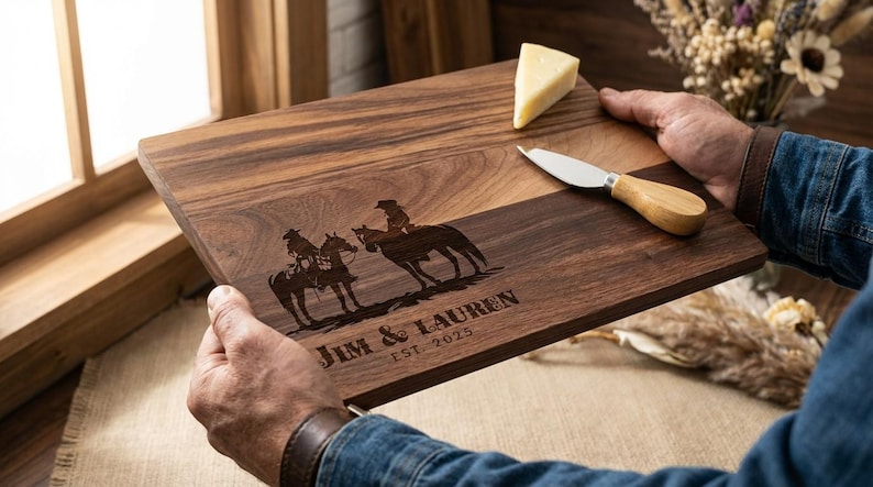 Planche à découper personnalisée - Cowboy et cow-girl avec cheval : charcuterie gravée personnalisée, décoration de cuisine occidentale, cadeau pour elle et lui image 16