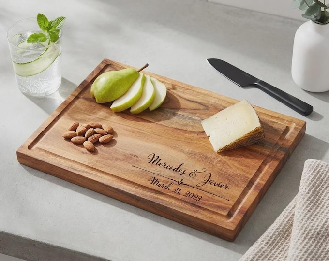 Personalized cutting board, Gift For The Couple: Custom Engraved Charcuterie Board with Juice Groove, Wedding, Housewarming, Engagement Gift