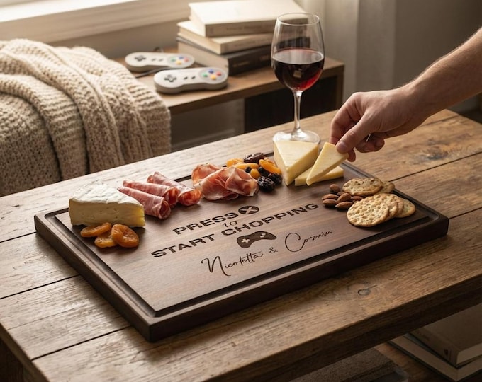 Personalized Gamer Couple Gift | "Press X to Start Chopping" Walnut Charcuterie Board & Geeky Wedding Present