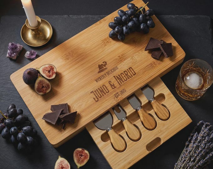 Personalized Charcuterie Set for Spooky Couple, Wickedly Delicious Witch Design