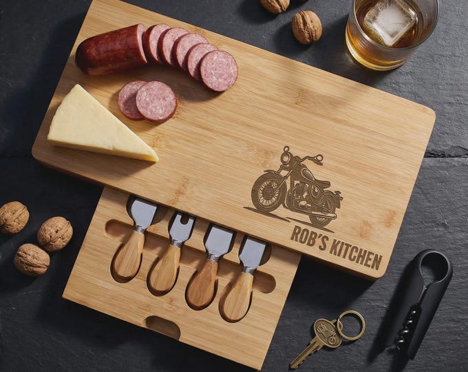 Personalized Motorcycle Charcuterie Board with Knife Set, Custom Engraved Bamboo Cheese Platter - Gift For Him