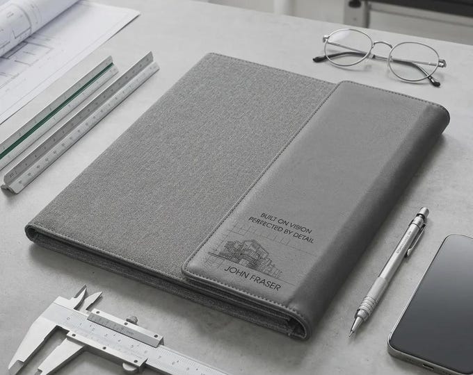 Personalized Vegan Leather Portfolio for Architects, Custom Engraved Canvas Document Folder, Graduation Gift