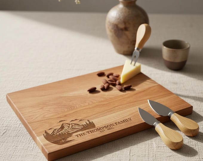 Personalized cutting board, Mountain Landscape: Custom Engraved Charcuterie Board, Lakeside Cabin, Kitchen Decor, Cottage Gift, Housewarming