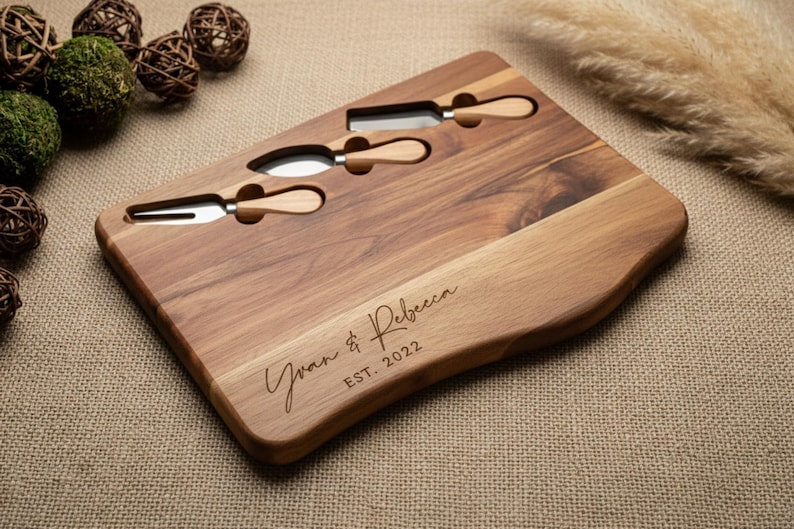 Personalized live edge cutting board, custom laser engraved board, housewarming gift, Gift for the couple, wedding gift, Christmas gift With tools