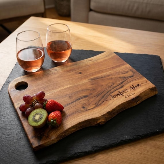 Personalized live edge cutting board, custom laser engraved board, housewarming gift, Gift for the couple, wedding gift, Christmas gift