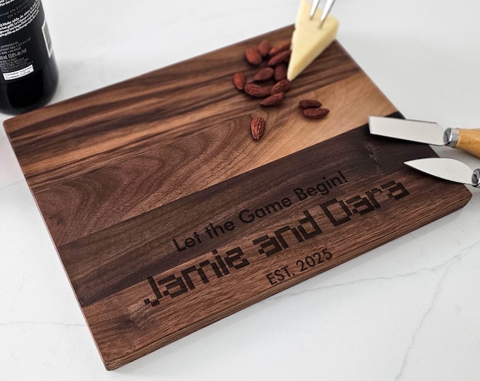 Personalized cutting board – Gamer: Custom Engraved “Let the Game Begin!” in Minecraft Font with Couple Names & Date, Unique Kitchen Decor
