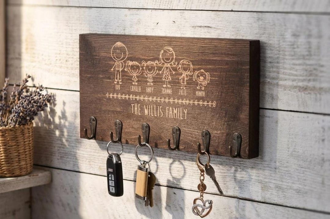 Personalized Family Key Holder With 6 Hooks, Custom Stick Figure Wall ...