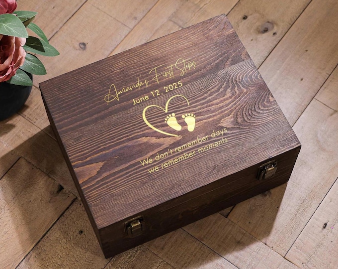 Personalized Baby Keepsake Box, Engraved Wooden Trinket Box: Customized Rustic Keepsake Box Baby First Step, Newborn Memory Gift Box