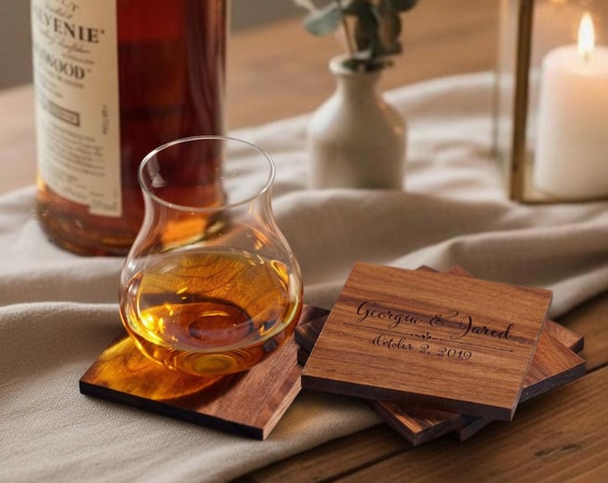Personalized Walnut Coasters, Custom Engraved Set of Coasters: Housewarming, Anniversary, Engagement, Wedding, Home Decor, Couple Gift