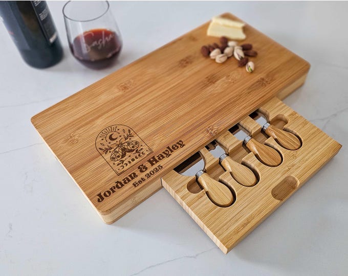 Personalized Boho Cheese Board - Floral Moth and Moon Phases Engraved Gift - Wedding or Anniversary Keepsake - Charcuterie Set