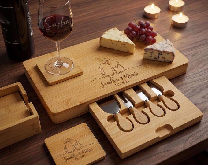 Minimalist Couple Gift | Personalized Cutting Board & Bamboo Wine and Cheese Set with Coasters