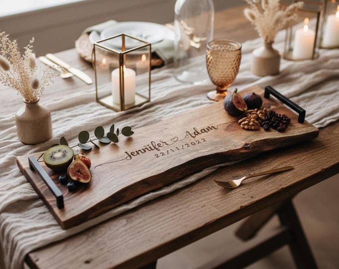 Personalized Serving Tray with Live Edge - Custom Serving Tray - Wood Engraved Tray  Monogrammed Tray - Wedding gifts - Housewarming Gifts