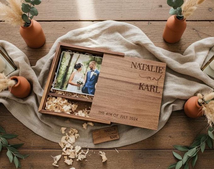 Personalized Wedding Photo Album, Custom Engraved Wooden Memory Box – 64GB USB, 4x6 photo box for photos, Wedding Gift, Couples Gift