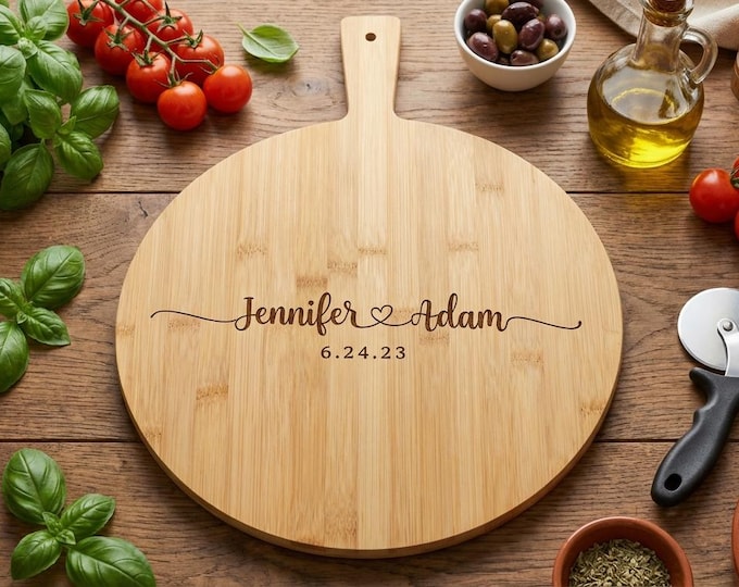 Personalized Bamboo Pizza Board, Custom Engraved with Names & Date, Wedding Engagement Housewarming Gift, Kitchen Decor