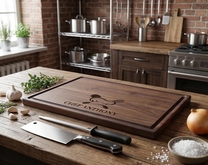 Personalized Charcuterie Board: Chef Hat Engraved Cutting Board, Walnut Cherry Acacia