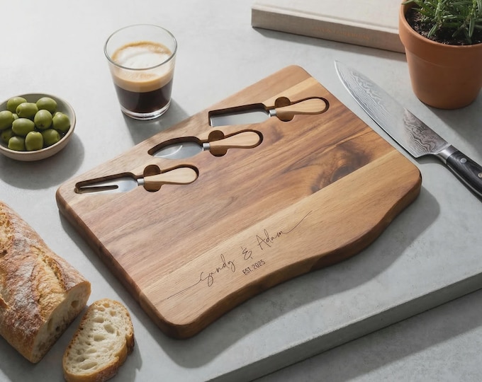 Personalized Acacia Charcuterie Board with Knife Set, Custom Engraved Wedding Gift for Couples