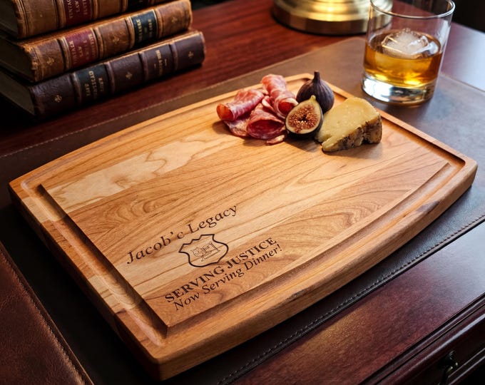Police Officer Gift | Personalized Cutting Board & "Serving Justice" Retirement Present