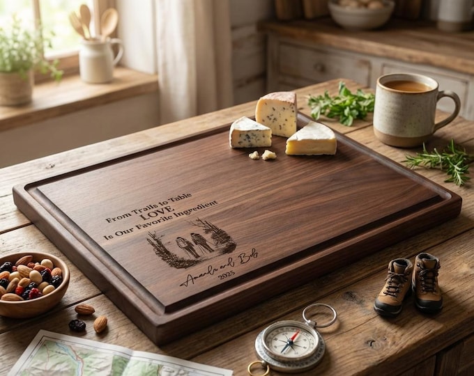 Personalized Hiking Cutting Board | Custom "Trails to Table" Walnut Charcuterie & Adventure Wedding Gift