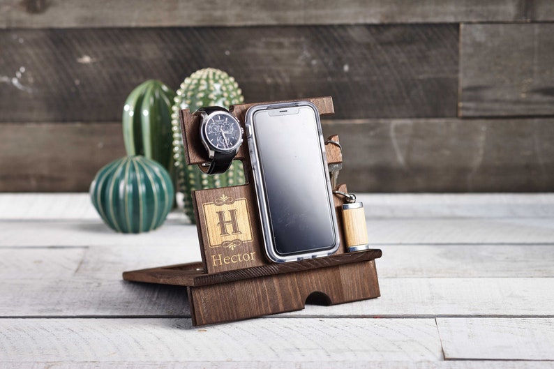 Personalize wood phone stand, Custom watch stand, Personalize wood organizer, Wood Docking Station, Gift for him, Organizer station image 1