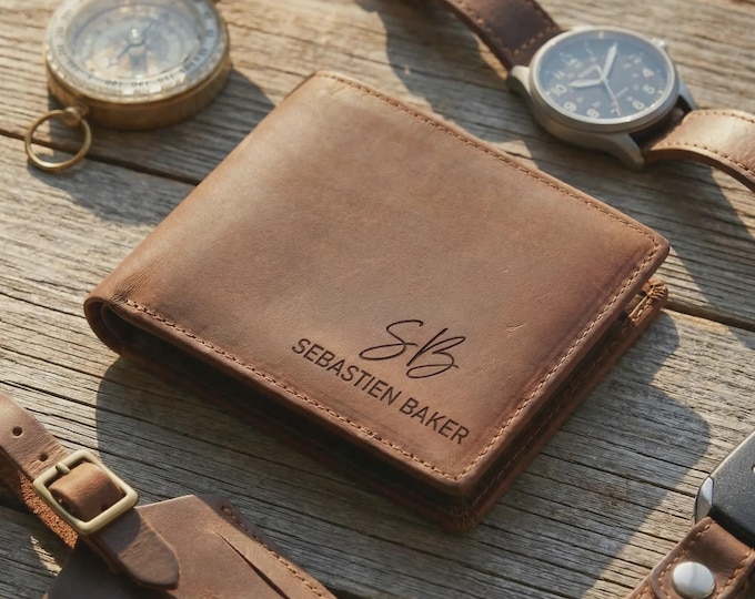 Personalized Genuine Leather Wallet for Men, Custom Engraved Bifold, Father's Day Gift