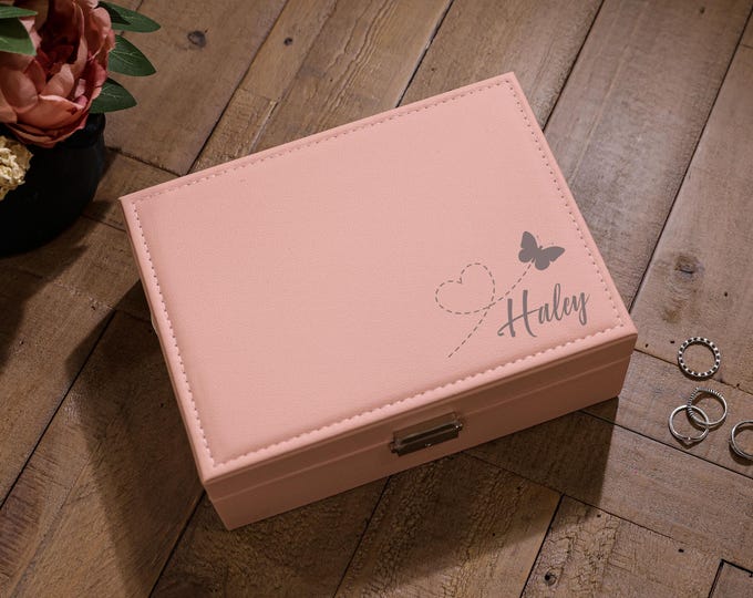 Personalized Faux Leather Jewelry Box: Butterfly, Custom Engraved Jewelry Organizer - Mother's Day, Daughter, Wife, Grandma, Christmas Gift