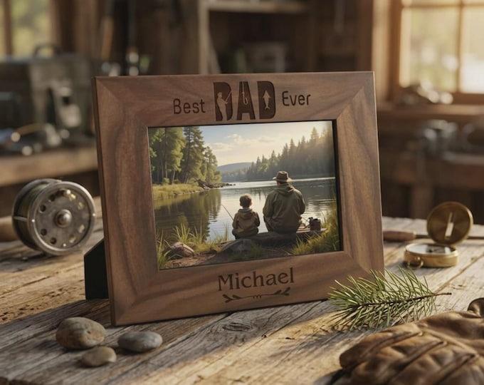 Personalized Fishing Wood Picture Frame for Dad, Custom Engraved Walnut Photo Holder, Father's Day Gift